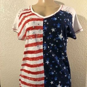 Onque Casuals V Women Sz S Blouse Short Sleeve American Flag Pattern july 4th